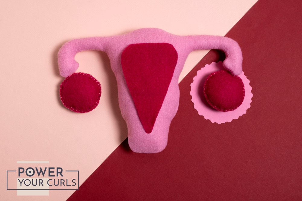 A model of the uterus made out of cloth and felt set to a pink and red background.